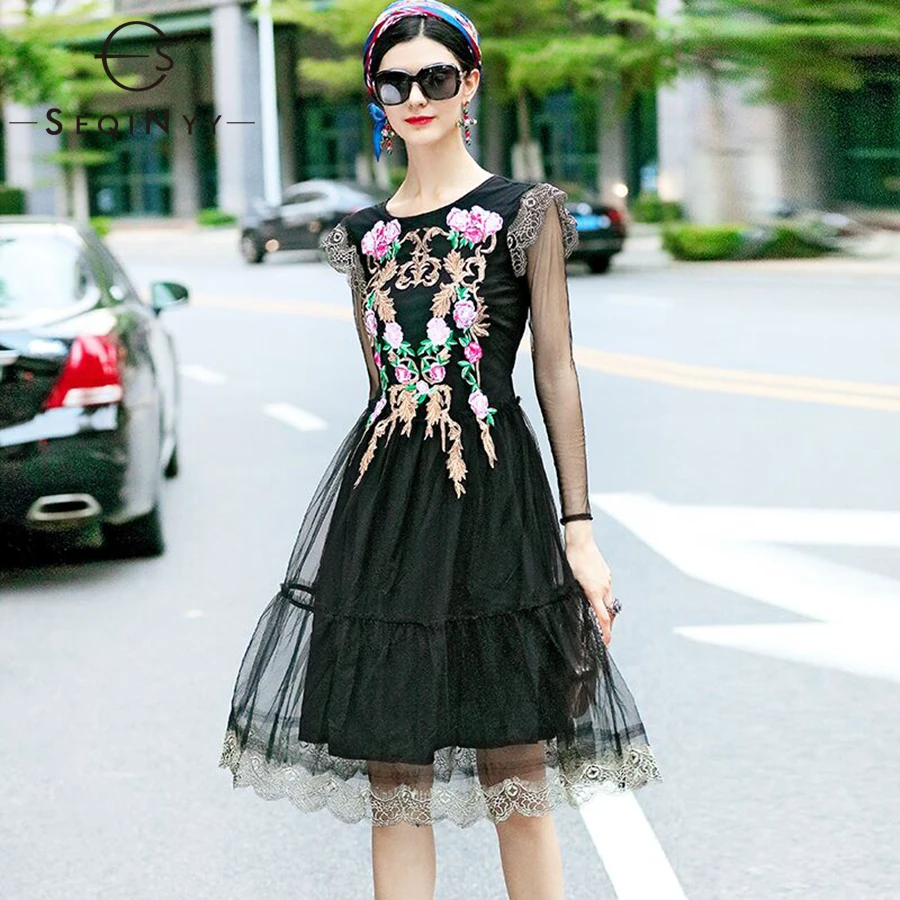 

SEQINYY Embroidery Dresses 2018 Autumn Half Sheer Mesh Sleeve Tie Back Key-hole Gold String Floral Ruffle Shoulder Black Dresses