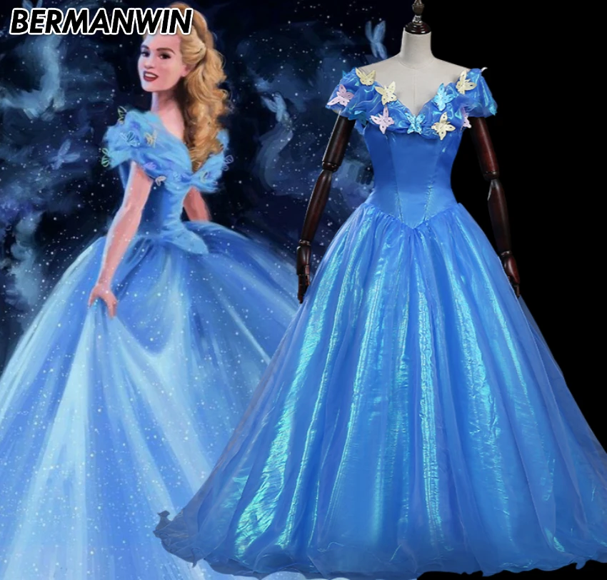 BERMANWIN/ г. Высококачественное платье принцессы Золушки из фильма «Принцесса»; взрослая Золушка; костюм для косплея; голубое платье; костюм для свадебной вечеринки