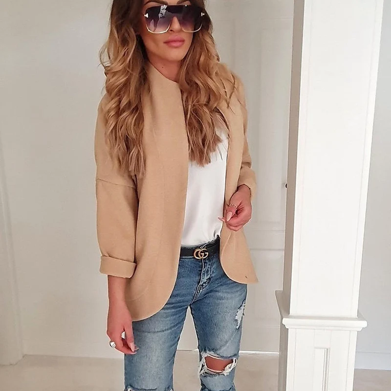 Lossky Women Blazers Jackets Long Sleeve Irregular Autumn Khaki Gray Casual Cardigan Outerwear Jacket Elegant Office Slim Coats