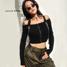 Женский топ с открытыми плечами на молнии с регулируемой лентой с длинным рукавом с открытыми плечами