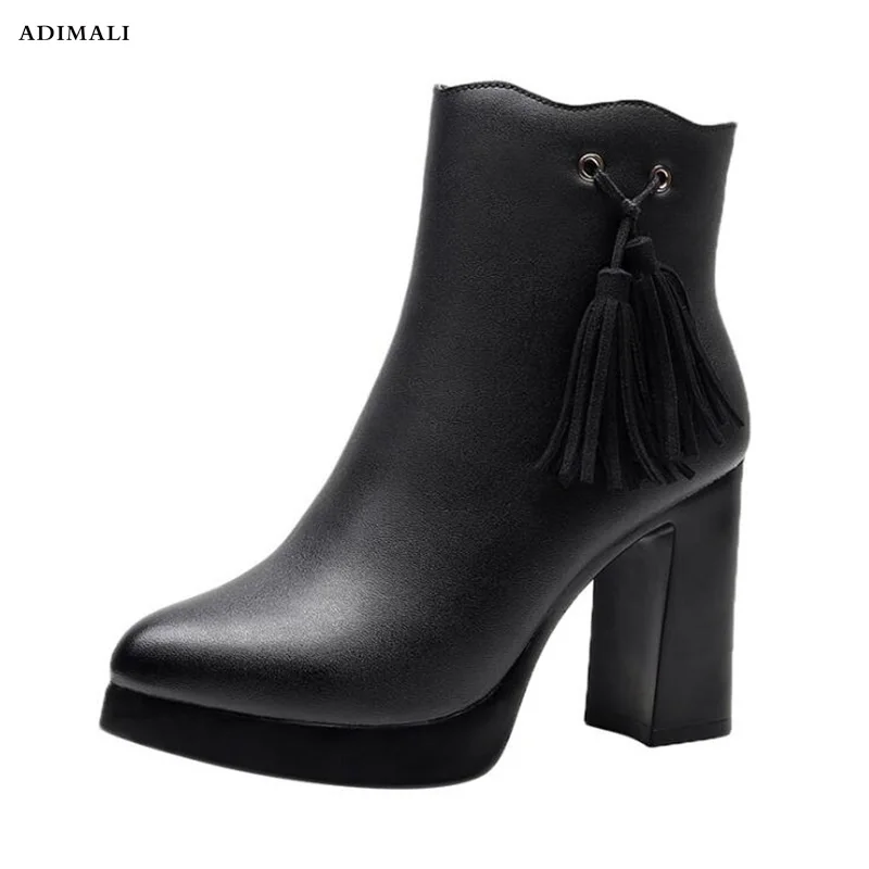 

New Solid Leather Boots Woman Zipper Fashion Winter Short Ankle Booties Pointed Toe Thick High Heels Chelsea Botas Snow Shoes