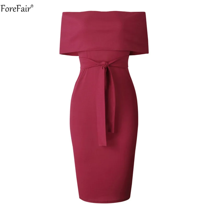 ForeFair с плеча карандаш миди платье летние пояса короткий рукав Черный Bodycon Платье Для женщин спинки Мода Vestido