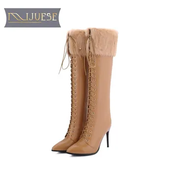 

MLJUESE 2018 women knee high boots cow leather winter warm boots pointed toe lace up short plush khaki color high boots size 40