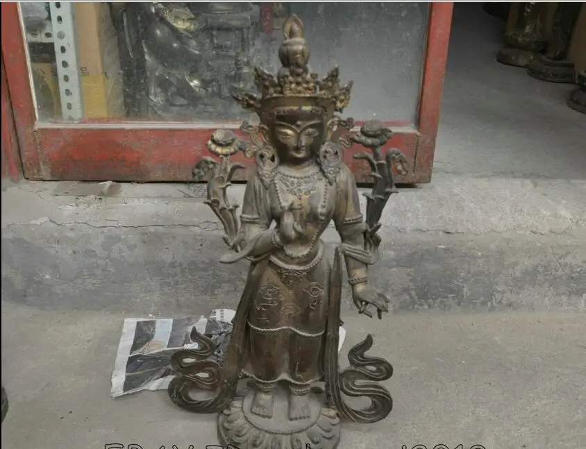 

20"China Buddhism Bronze Copper Green Tara Guanyin-Kwan-yin Buddha Statue