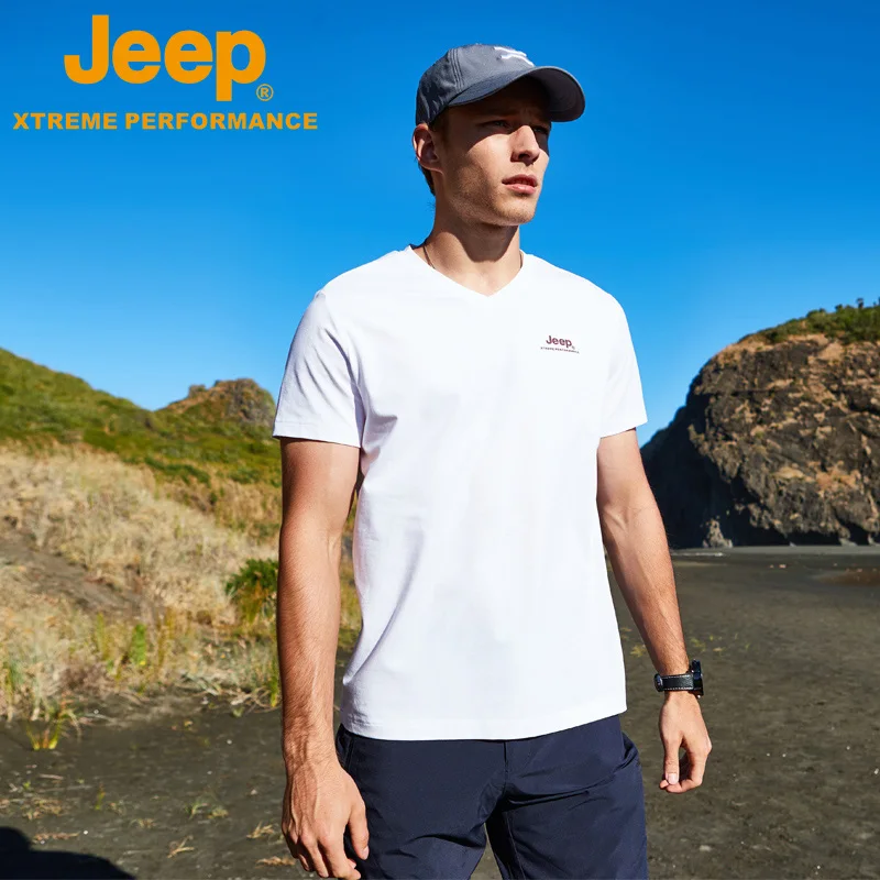 Jeep мужская быстросохнущая футболка, с коротким рукавом V-collar Летние виды спорта на открытом воздухе воздухопроницаемая футболка, большая скорость сухой одежды - Цвет: white 519