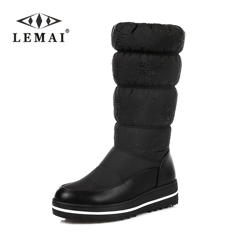 

LEMAI Plus size 35-44 Russia snow boots thick fur inside winter keep warm women boots crystal mid calf high boots black