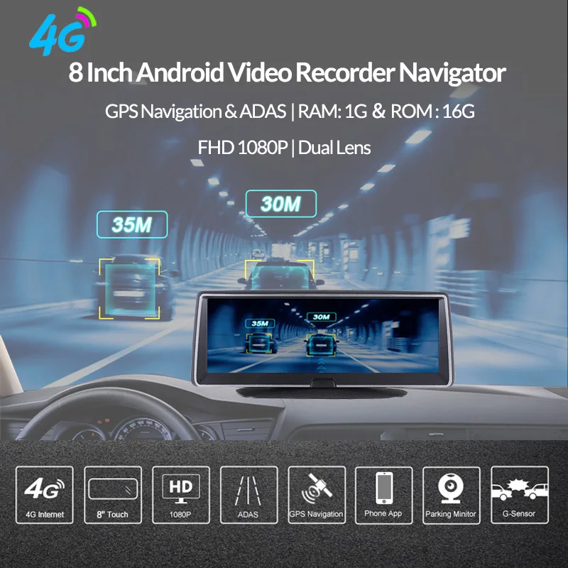 E-ACE E04 8 pulgadas 4G Android Dual de la lente del coche DVR GPS Navigator ADAS Full HD 1080 P Dash Cam grabador de navegación de registro de vídeo automático