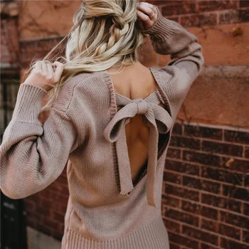 

[EWQ] 2020 Spring Long Sleeve Round Collar Backless Bow Loose Hem Sexy Sweater Casual Pullovers Women Fashion Tide OC687