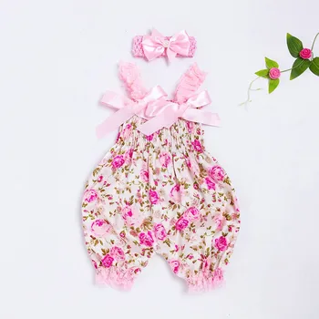 

2019 Summer Short Sleeved Girls Dress Baby Romper Body Suit Baby PajamaFloral Romper Bodysuit Jumpsuit+Headband Set Outfit