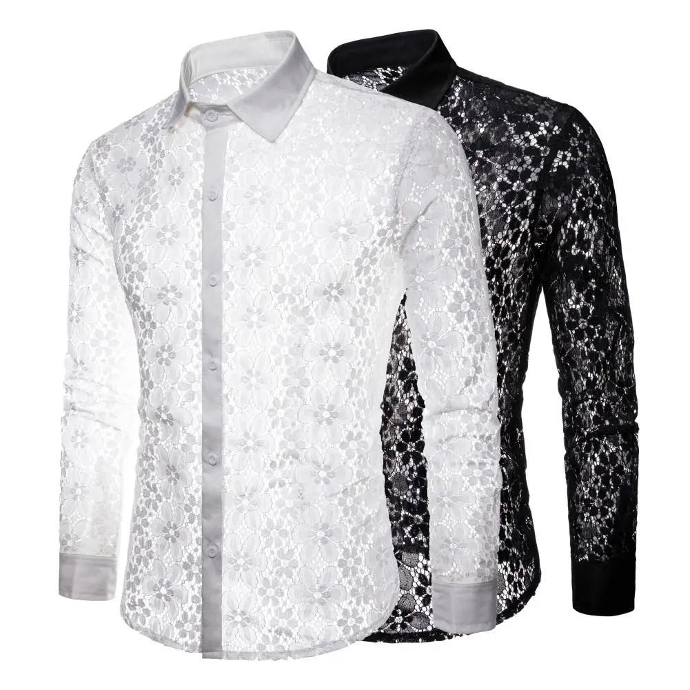 Men See through Clubwear Shirt Long Sleeve Sexy Lace Top