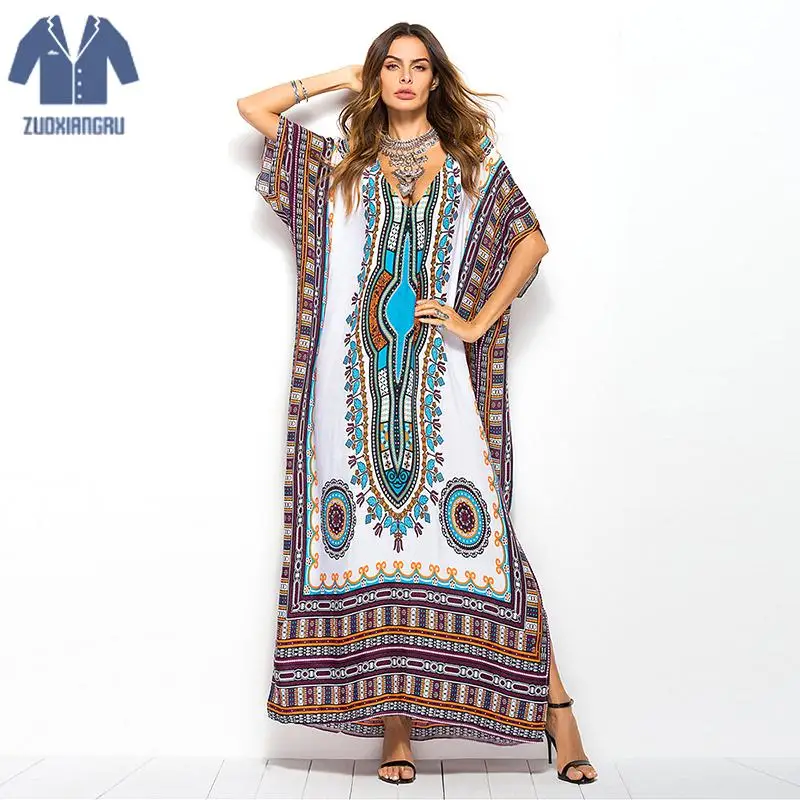 

Zuoxiangru Plus Size Women Summer African Ethnic Print Kaftan Maxi Dress Summer Loose Vintage Boho Beach Long Dress