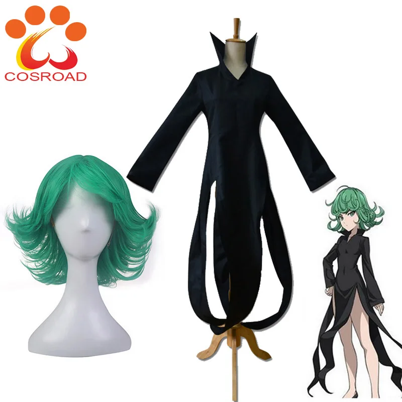 

Cosroad One Punch Man Tatsumaki Cosplay Costumes Green Wigs Women Black Gothic Dress for Halloween Party