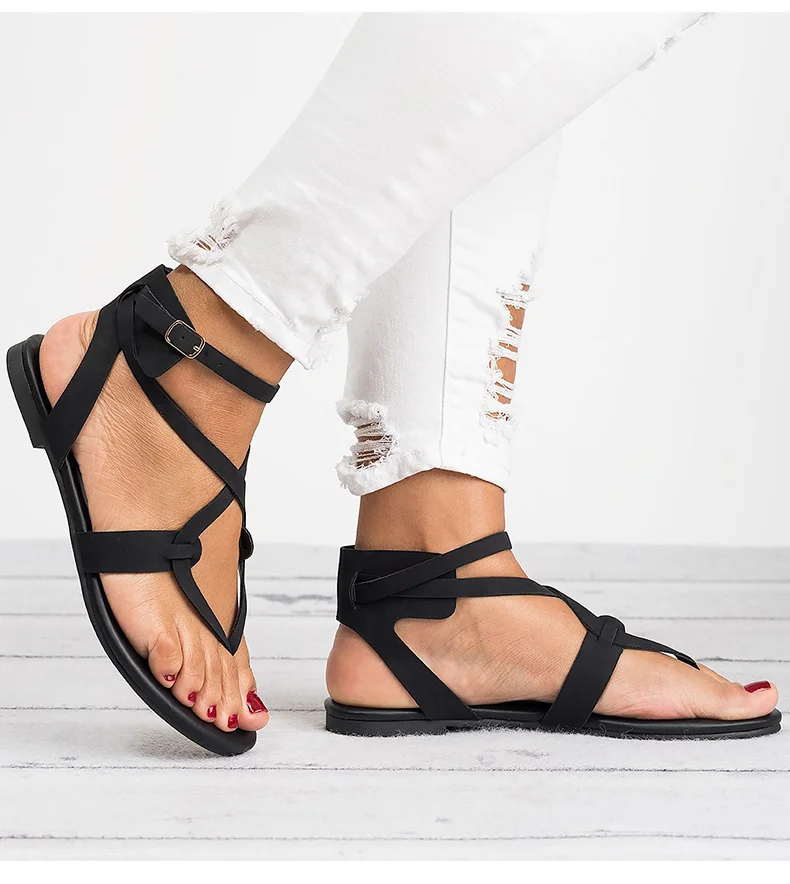 النساء الصنادل لينة أسفل صندل مسطح بو الجلود الصيف أحذية النساء عارضة صنادل طراز جلاديتور زائد حجم 43 أحذية الشاطئ الإناث