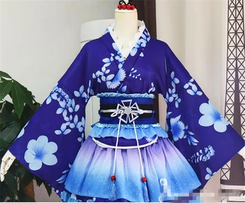 

Lovelive Sonoda Umi Cos Kimono Blue Color Dancing Dress Animo Cosplay Costume Women Dress Kimono+Skirt A