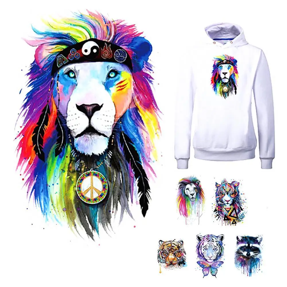 Ink Style Animal Pattern Appliqued Pyrograph Offset Heat Transfer Lion Print Ironing Stickers Custom DIY Clothing Accessories | Дом и сад