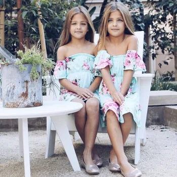 

PPXX Rose Floral Girl Women Dress Ruffle Off Shoulder Mother Daughter Dresses Wedding Party Beach Family Matching outfit
