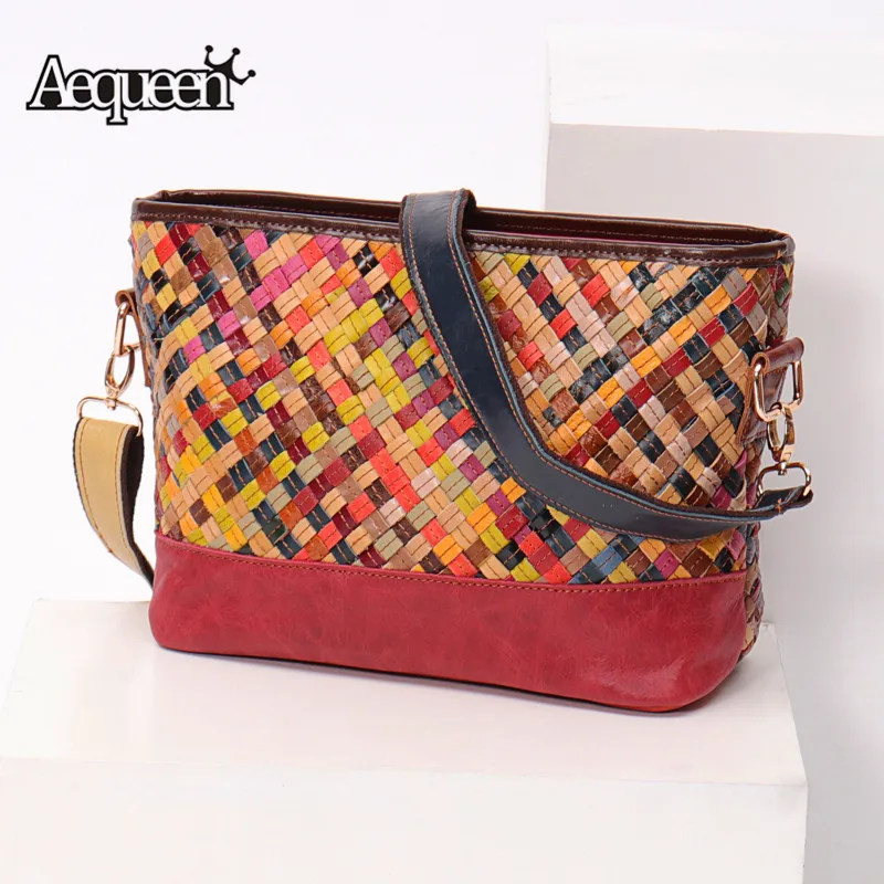 AEQUEEN Knitting Genuine Leather Shoulder Bag Women Casual Patchwork