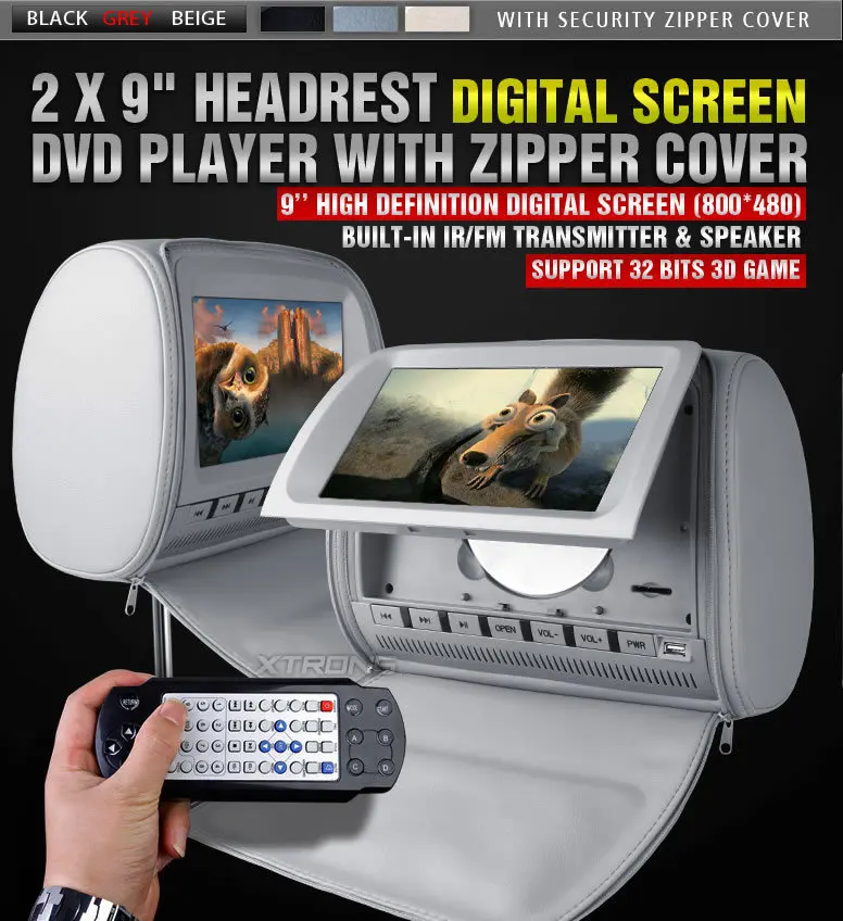 Excellent 2x9" Grey Color (Black & Beige Optional) Headrest Car DVD Car Headrest Monitor with DVD Buit-in IR& FM Transmitter 4
