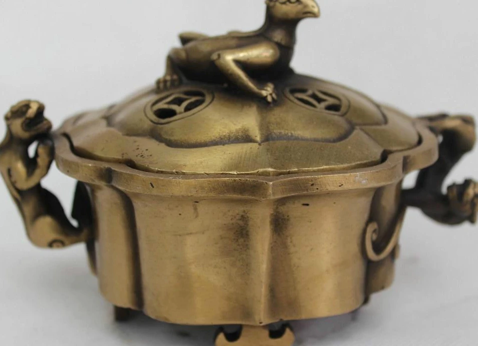 

4"Chinese China Bronze Foo Dog Three Kylin beast Statue Incense Burner Censer