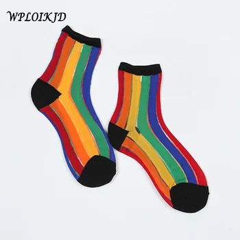 

[WPLOIKJD]Fashion Transparent Striped Rainbow Glass Bright Silk Women Socks Harajuku Breathable Kawaii Calcetines Mujer