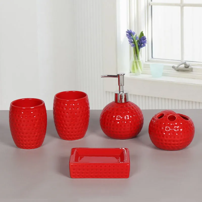 Современный домашний декор, керамический красный набор для ванной, 5 шт., держатель для зубных щеток, мыло, зубная паста, Диспенсер, аксессуары для туалета, органайзер для хранения