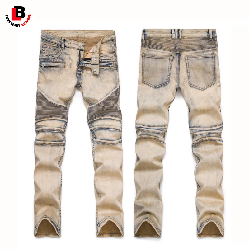 Motorcycle Pleated Jeans Men Biker Jean Autumn Thick Cotton Trousers Mens Hip Hop Ripped Elastic Jeans Male Casual Slim Fit Pant