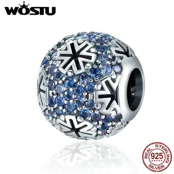 

WOSTU Winter Style 925 Sterling Silver Openwork Snowflake ,Blue CZ Beads fit original Charm Bracelets DIY Jewelry Gift CQC402
