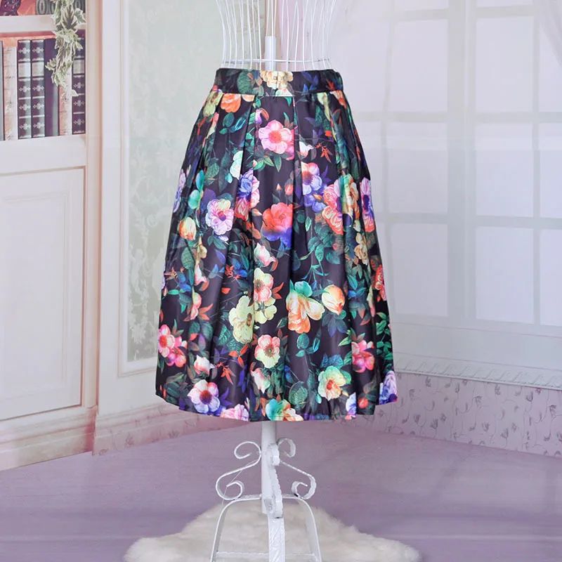 Floral Print Pleated Midi Skater Skirts Ladies Faldas 50s Hepburn Style ...