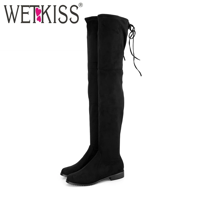 WETKISS/женские облегающие высокие сапоги большого размера женская обувь из флока