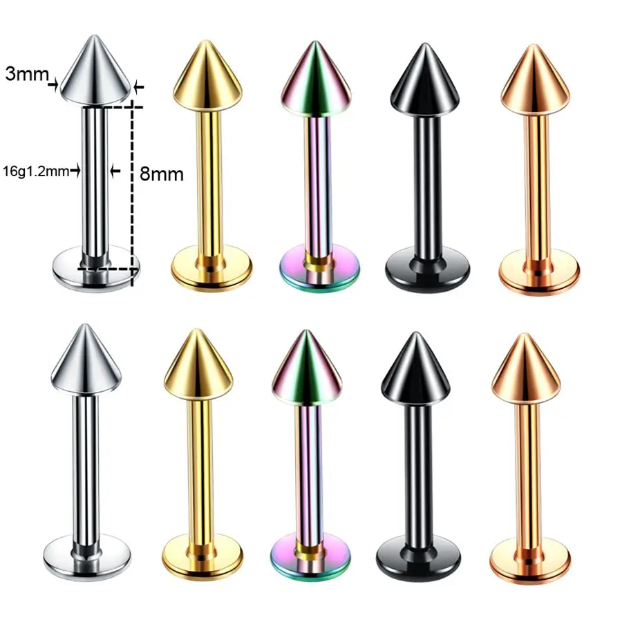 10 шт./партия, стальной сегмент, кольцо, смешанные цвета, нос, губы, брови, язык, Спиральные серьги, кольца, неполные кольца с шариками, пирсинг тела, ювелирные изделия 16 г - Окраска металла: Labret Spike 8mm