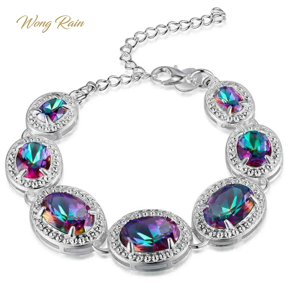 

Wong Rain 100% 925 Sterling Silver Mystic Rainbow Topaz Emerald Gemstone Bangle Cuff Bracelets Fine Jewelry Gift Wholesale
