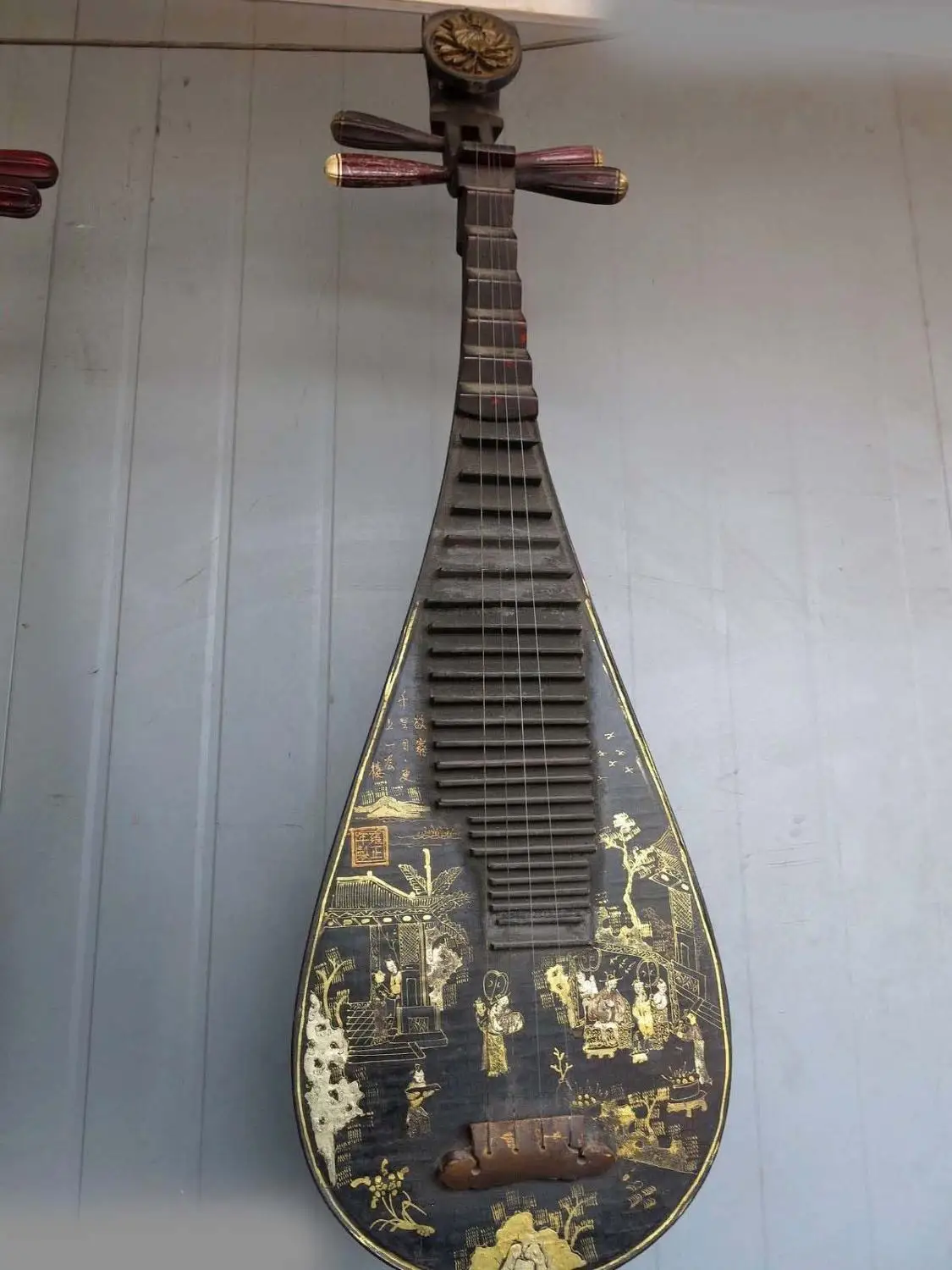 

41" China Old hand-made wood pipa lacquerware 4-stringed Chinese lute Statue A(0505)