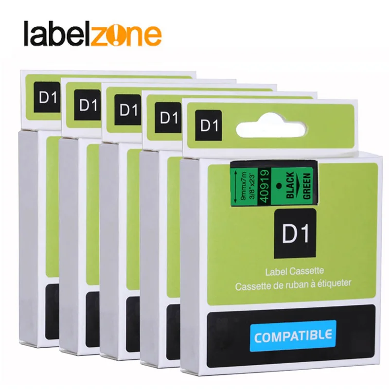 5Pcs Black on green 40919 label tapes compatible dymo d1 label printers 9mm*7m label ribbon ...