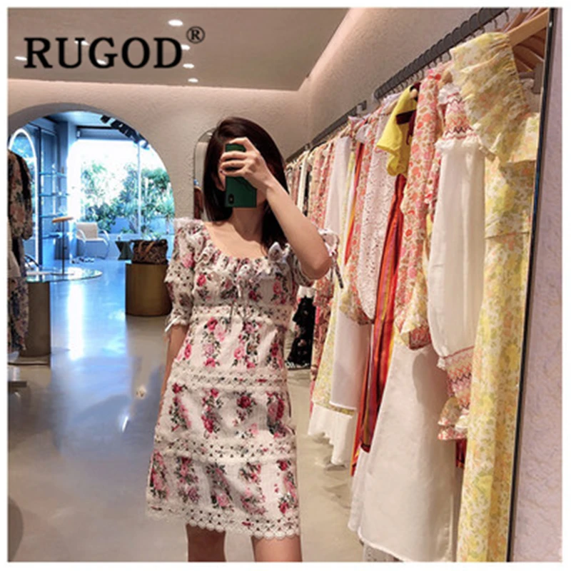 

RUGOD New Sexy off shoulder floral printed women dress Vintage puff sleeve lace hollow out ladies party dresses vestidos 2019