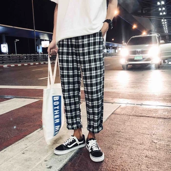 

2018 Summer New Style Thin Cotton Retro Lattice Personality Casual Young Men Harlan Fashion Loose Feet Pants