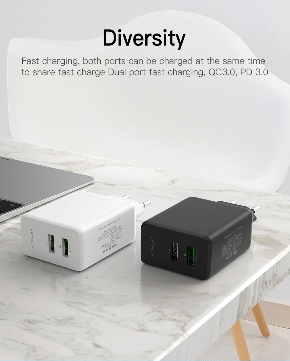 KUULAA Quick Charge 4,0 3,0 USB зарядное устройство 30 Вт QC3.0 PD 3,0 Быстрая зарядка 2 USB разъем зарядное устройство для мобильного телефона для iPhone samsung Xiaomi