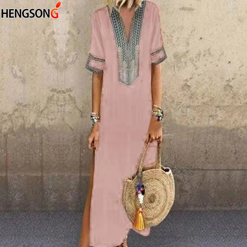 

Summer Women Casual Dress Blue Short Sleeve Self Tie V Neck Embroidery Side Split Indie Folk Long Dress Club Party Dress