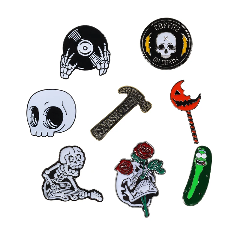 

Halloween Gift Creative Skeleton Skull CD Rose Hammer Monster Enamel Pin Punk Brooch Men Jackets Lapel Pins Hat Badge Jewelry
