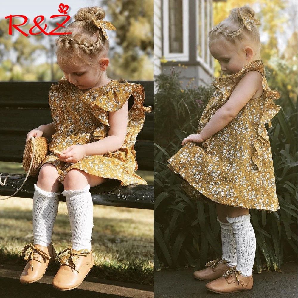 

R&Z children's dress 2019 summer new children's wear ins explosion retro girl floral flying sleeve dress