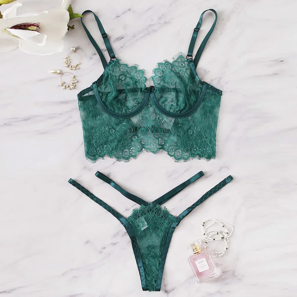 Womens Sexy lace lingerie set Open Bar Transparent bikini G-String Sexy Lace Lingerie open Bra Set Sex transparente sets #P35