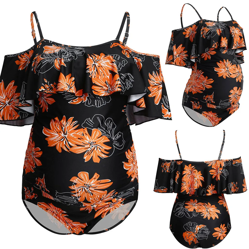 Hot Sale Maternity Swimwear Women Ruffles Floral Print Bikinis One