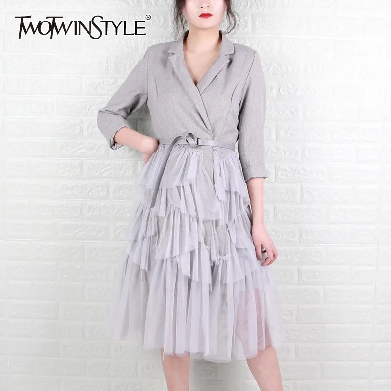 

TWOTWINSTYLE Spring Mesh Patchwork Women Dress Lapel Three Quarter Sleeve Sashes High Waist Knee Length Dresses Female Fashion
