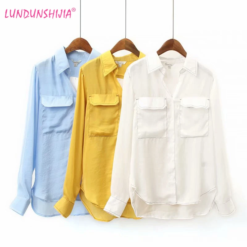 

LUNDUNSHIJIA 2019 New Arrival Spring Autumn Double Pocket Women Blouse Minimalist Fashion Blusas Feminina 3 Colors