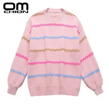 

OMCHION Sueter Mujer 2019 Autumn O Neck Colorful Striped Sweater Women Casual Bf Lazy Winter Pullover Korean Jumper LMY118