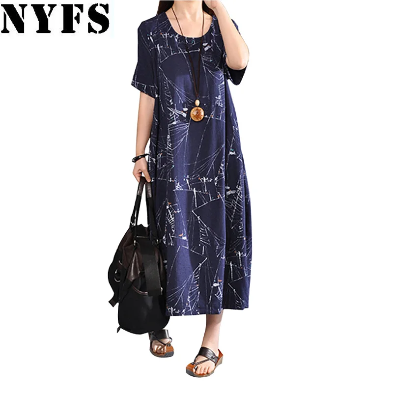 

2019 New Summer dress Fashion Printing Loose Plus Size Short sleeve Long Dress Casual Cotton Linen Vestidos Robe