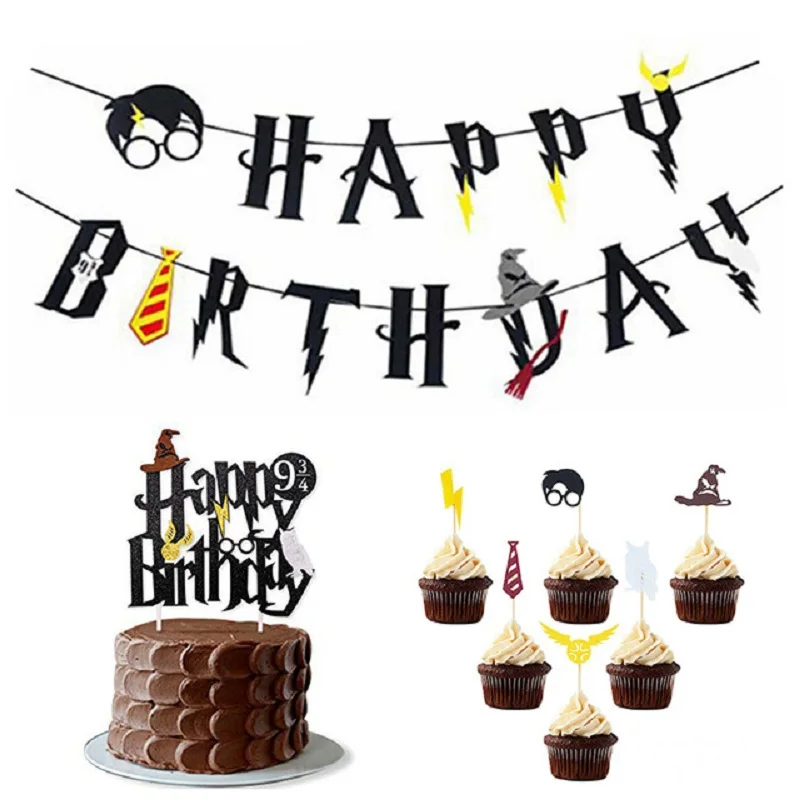 

Harry Potter Happy Birthday Flags Bunting Banner Cake Cupcake Topper for Baby Shower Kids Magic Themed Birthday Party Decoration
