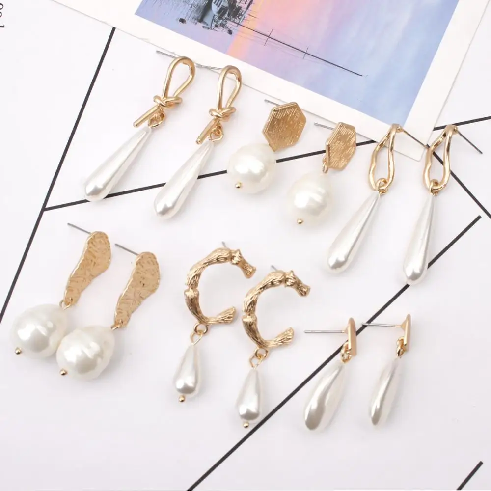 

2019 Trendy Korea Design Metal Gold Geometric Irregular Circle Square Freshwater Pearl Earrings for Women Girl Gift