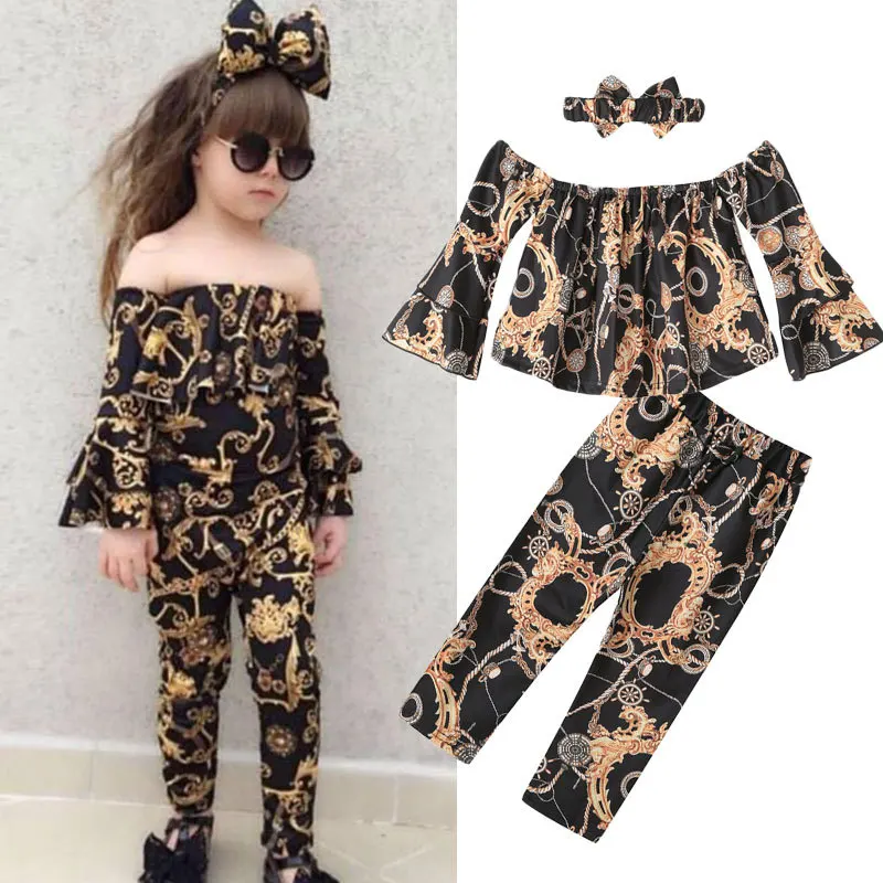 Baby Girl Clothes Set New Kids Fashion Children off shoulder top+pant+headband 3 Pieces girl outfit 2-7 Y | Мать и ребенок
