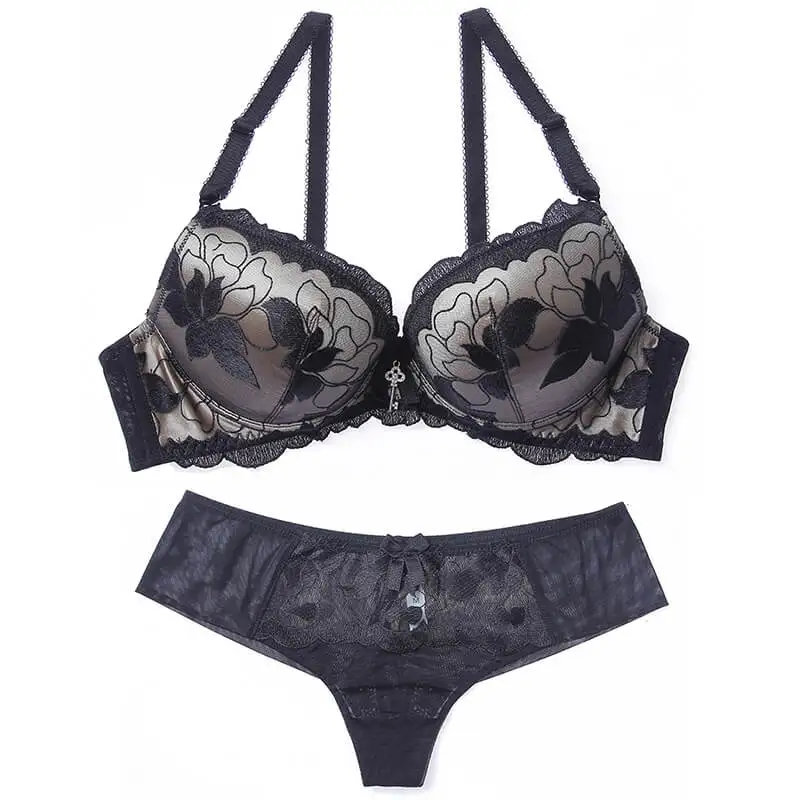 BLACK Lilymoda, женский кружевной бюстгальтер с цветочной вышивкой, пуш-ап, комплект нижнего белья, сексуальное женское белье с Т-образным ремешком, бесшовный Женский бюстгальтер - Цвет: BLACK