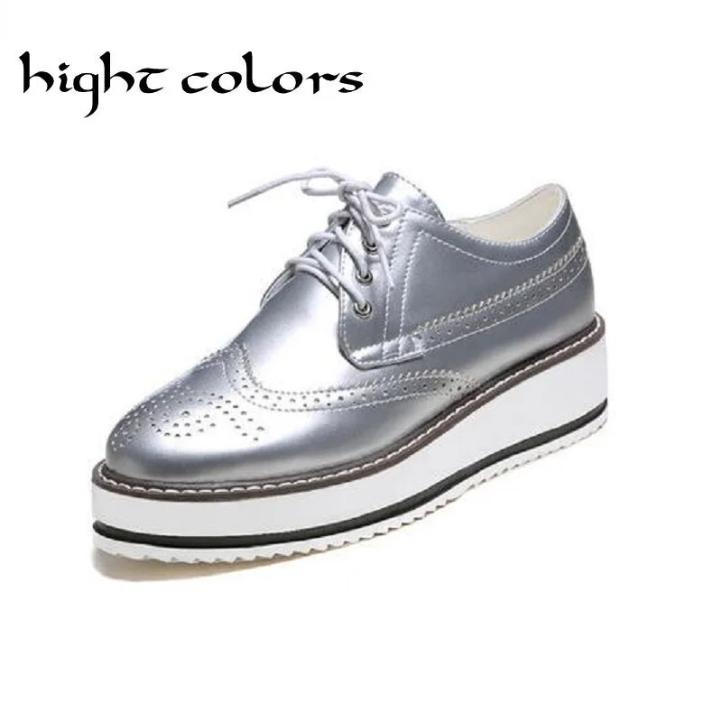 New 2019 Style Oxford Shoes For Women WHITE SILVER BLACK Patent Leather Flat Platform Oxfords for Women Brogues Shoes